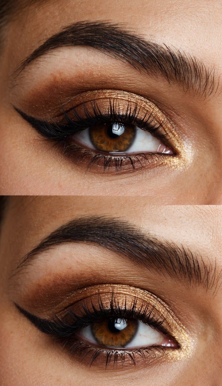 A close-up of a glamorous eye with warm brown eyeshadow and a subtle smokey effect