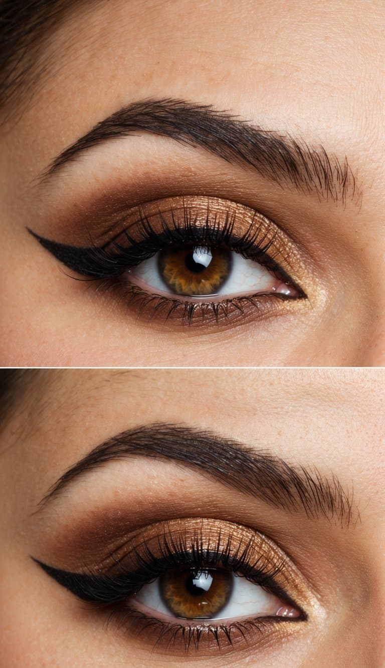A close-up of a glamorous eye with hazel contour, featuring chic and sophisticated brown-toned smokey makeup