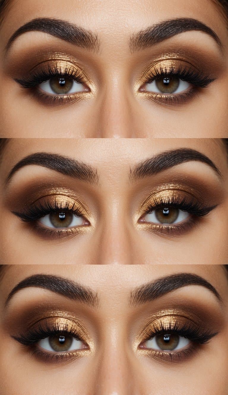A sleek, elegant makeup palette with various shades of brown and gold, arranged in a stylish and sophisticated manner