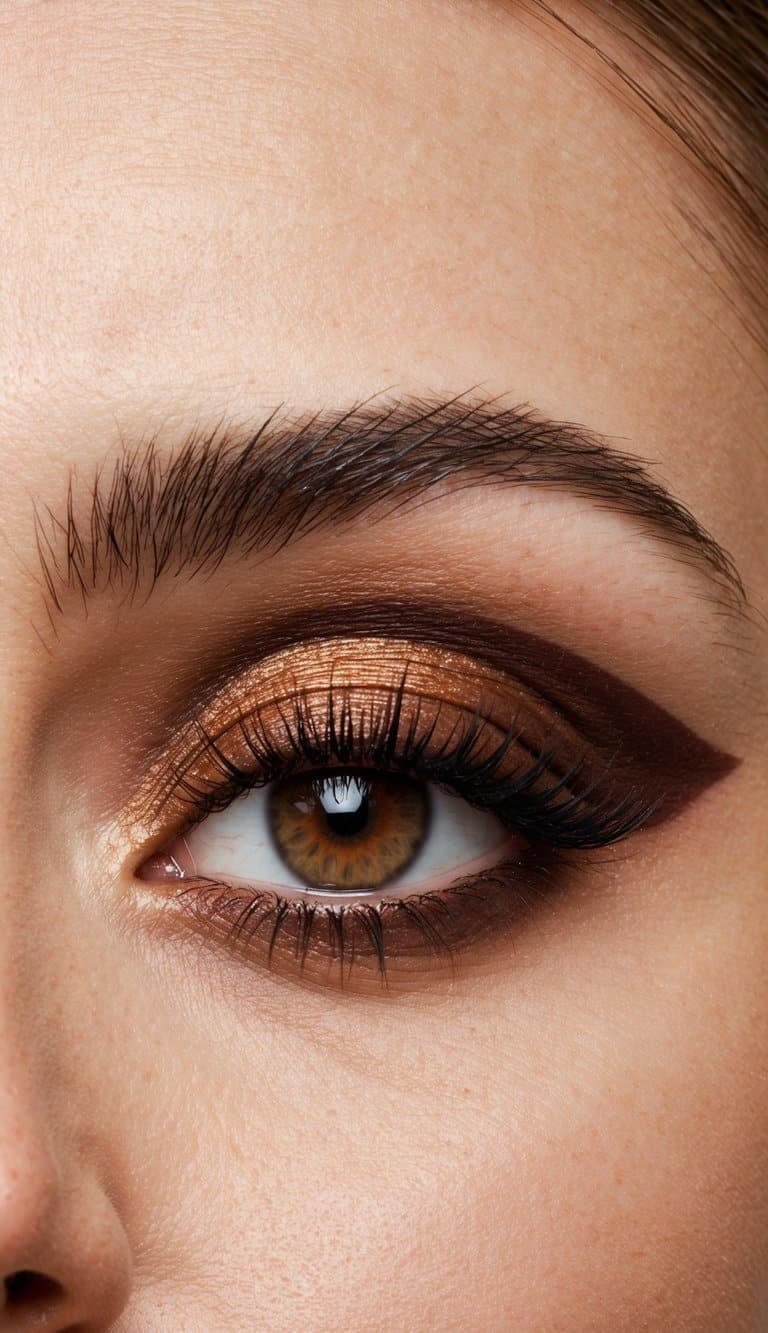 A close-up of a glamorous eye with reddish brown strip and chic brown-toned smokey makeup