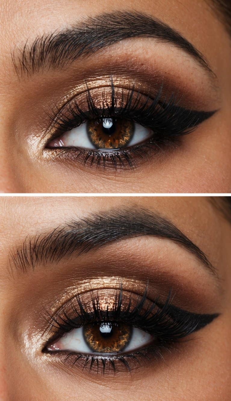 A close-up of a glamorous brown-toned smokey eye makeup look with shimmering accents