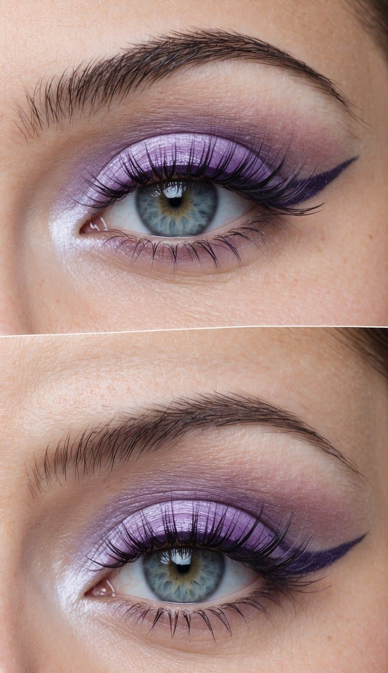 Soft lilac eye makeup with amethyst winged eyeliner, creating a dreamy and ethereal look