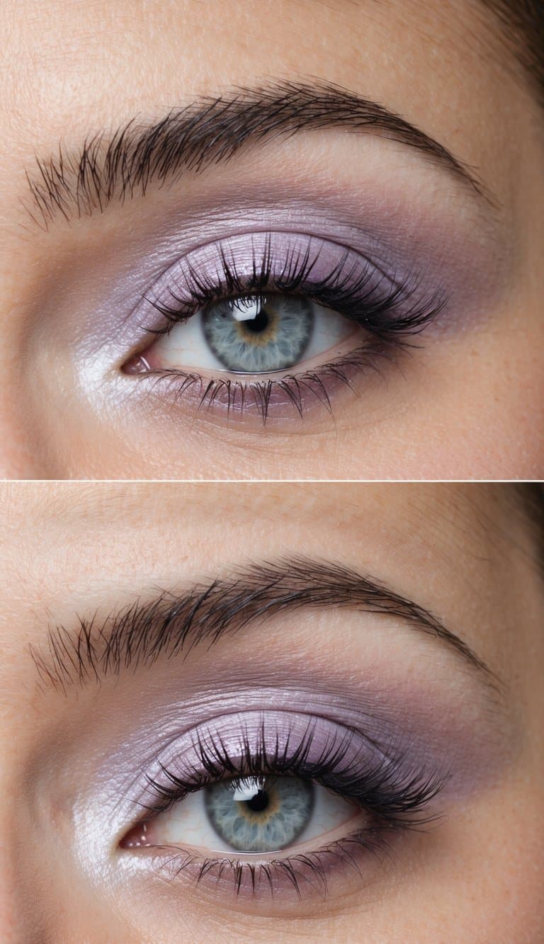 A close-up of a silver lilac smokey eye with soft and dreamy pastel lilac eye makeup, featuring intricate and delicate designs