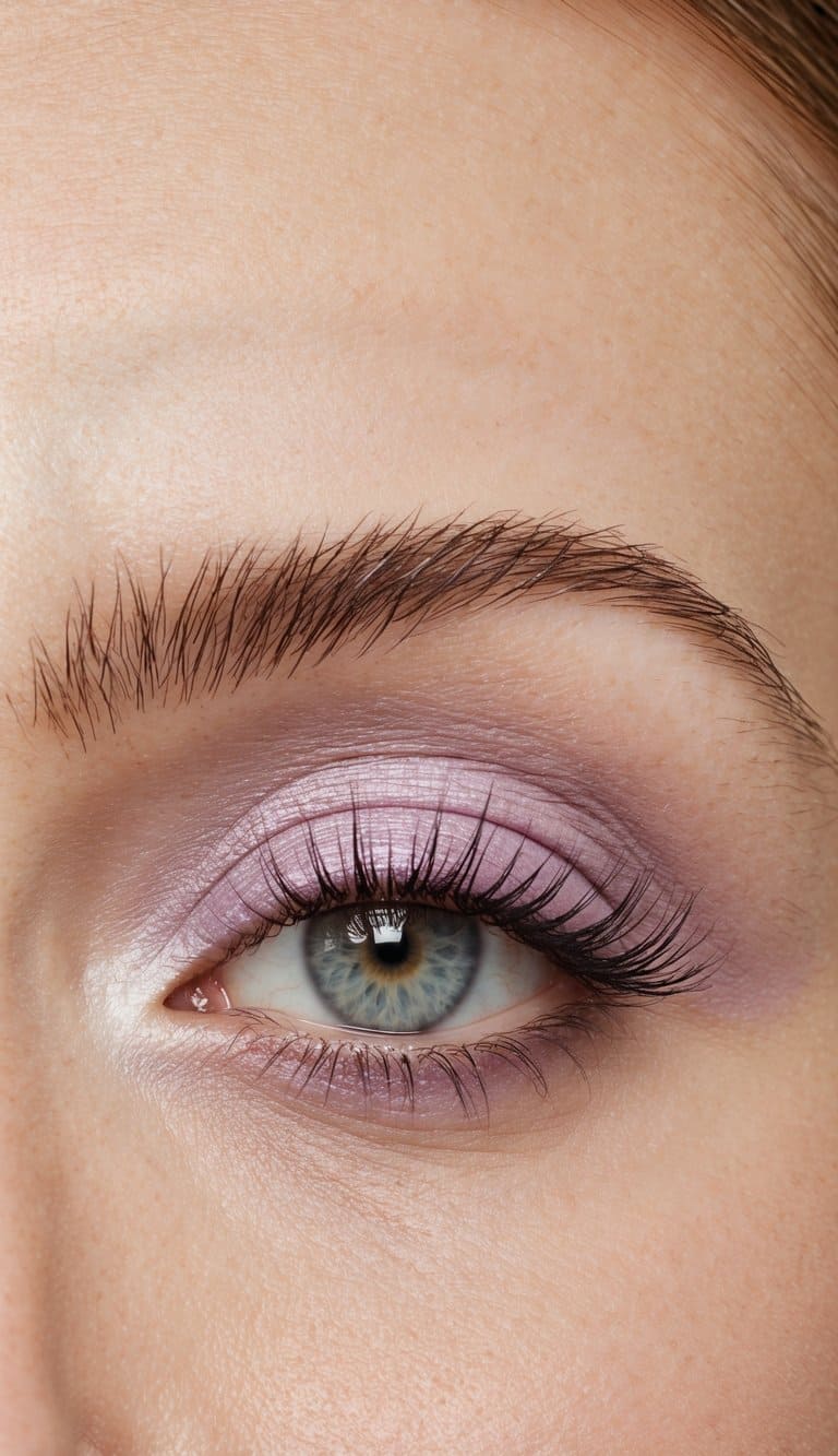 Soft pastel lilac eye makeup on a closed eyelid, with a shimmering finish and dreamy, ethereal vibes
