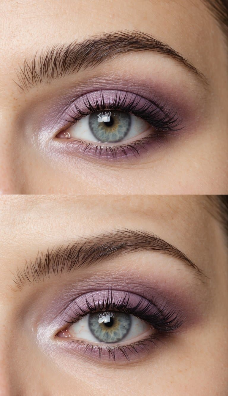 Soft lilac eye makeup displayed on a clean, neutral background with a gentle gradient effect