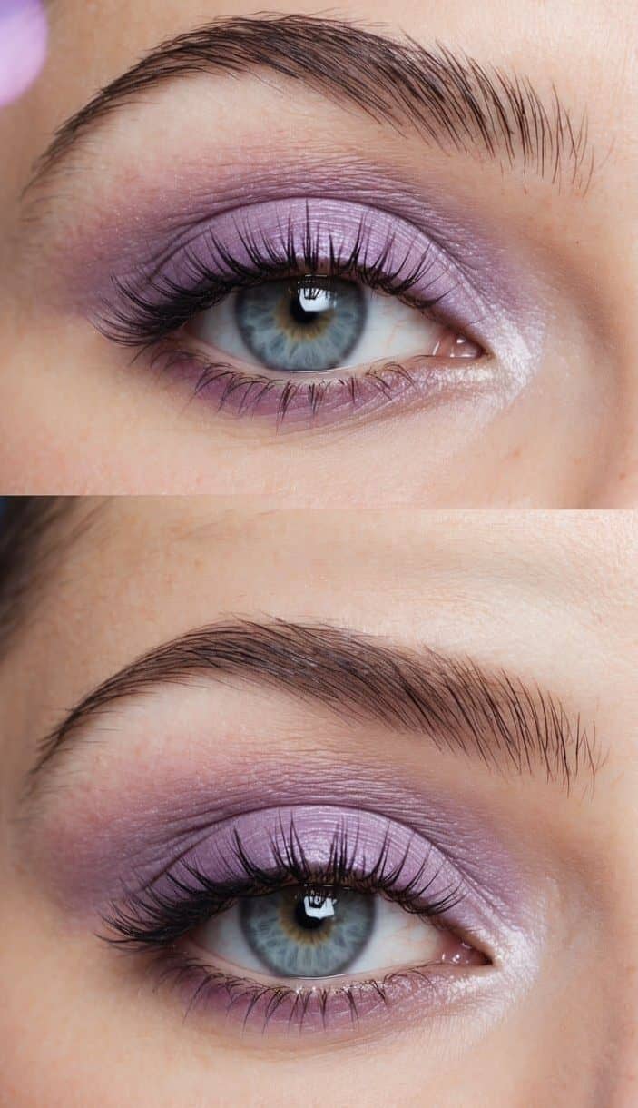 Soft lilac eye makeup on a serene, dreamy background with a twilight glow