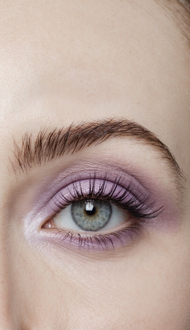Soft lilac eye makeup arranged on a matte finish backdrop, with a dreamy and pastel aesthetic