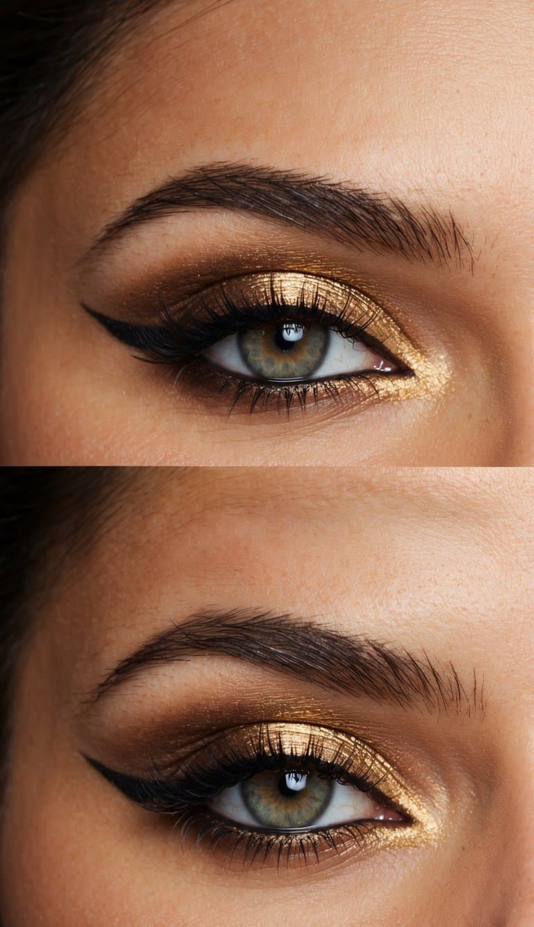 A close-up of a gold smokey eye makeup look with sultry and sophisticated tones
