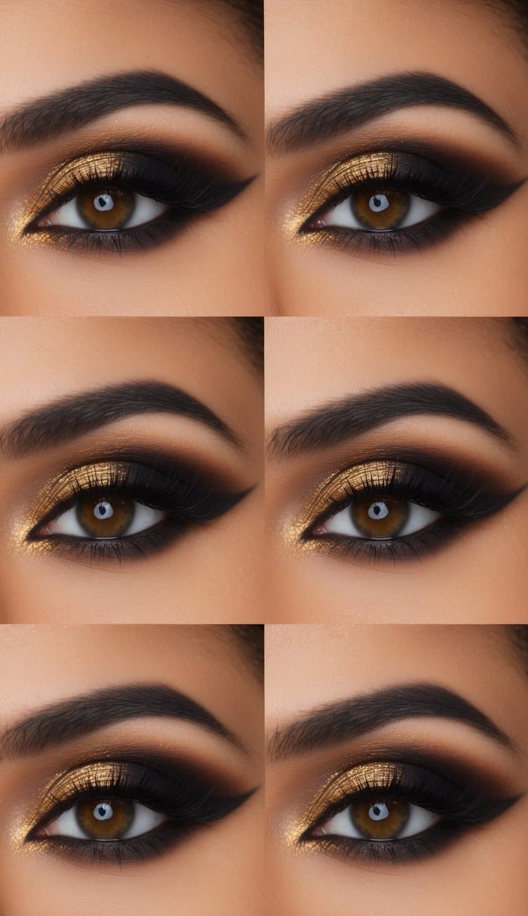 A sultry and sophisticated smokey eye makeup look with a golden glamour theme