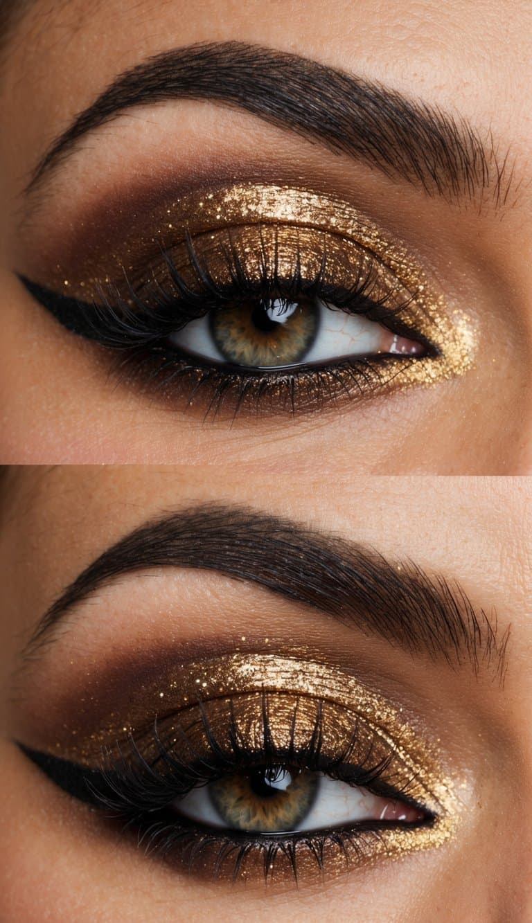 A close-up of a sultry and sophisticated smokey eye makeup look with glittering bronze and gold tones