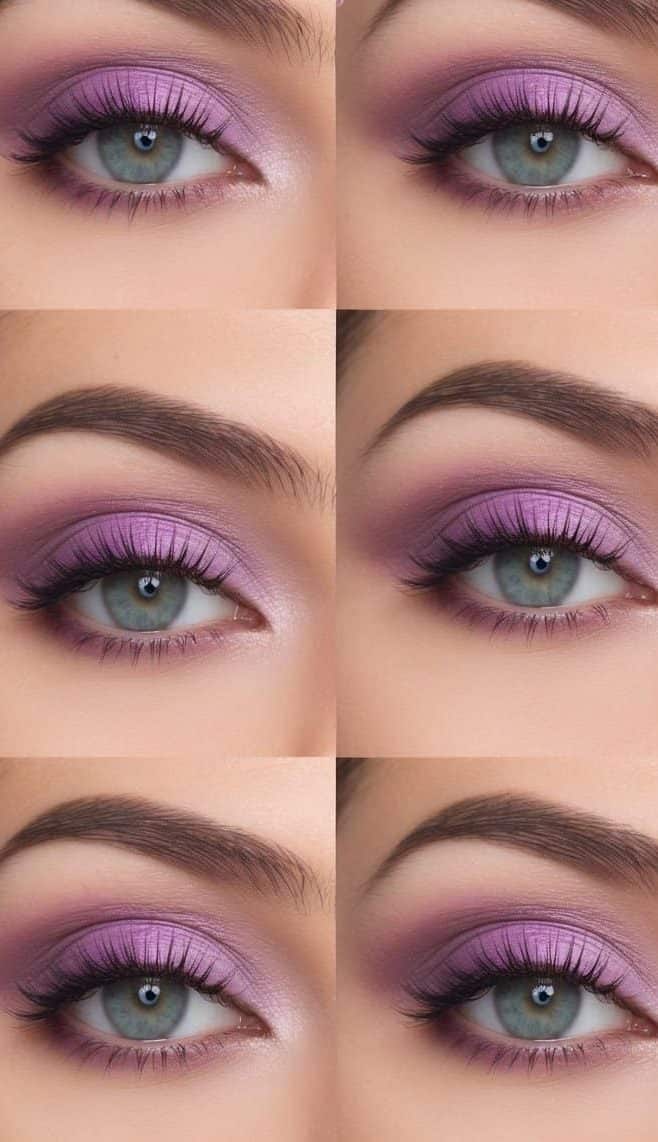 A soft lilac eye makeup design with a dreamy sunset background of heather and pastel colors