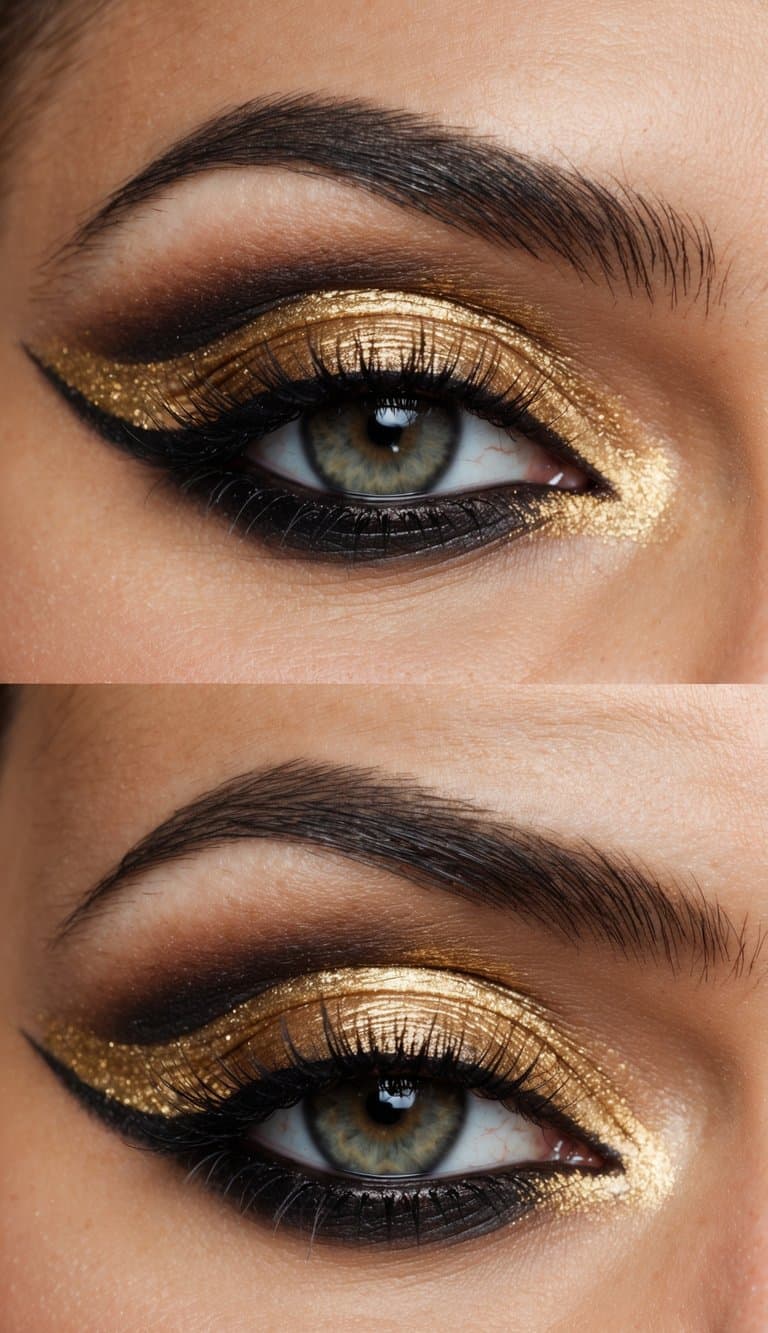 A close-up of a gilded winged eye with sultry and sophisticated gold smokey makeup
