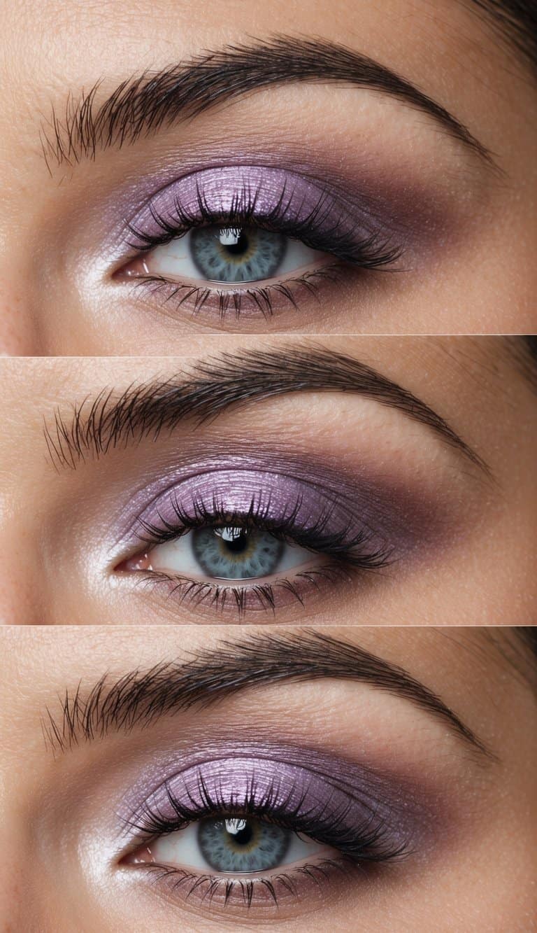 Soft lilac eye shadows in various shades blending together, accented with shimmery highlights