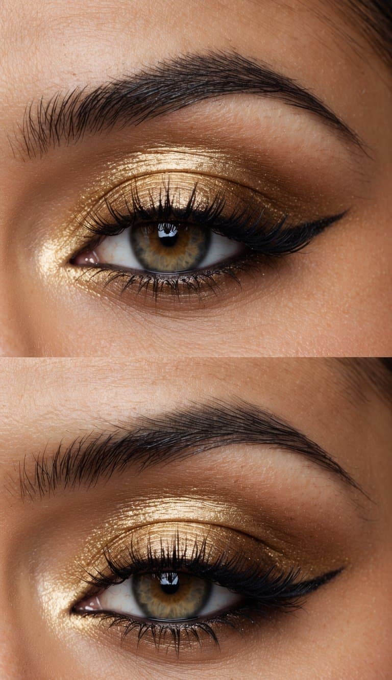 A close-up of a metallic honey gold smokey eye makeup look, with sultry and sophisticated shading