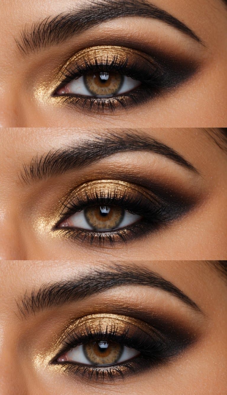 A golden-hued smokey eye makeup look with a sultry and sophisticated vibe