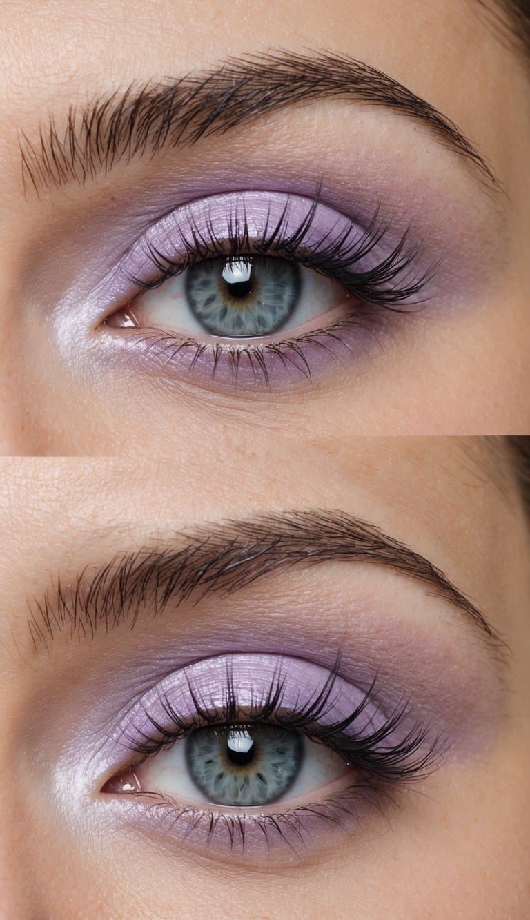 Soft lilac eyeshadow blending into a light purple, with a hint of shimmer, creating a dreamy and ethereal look