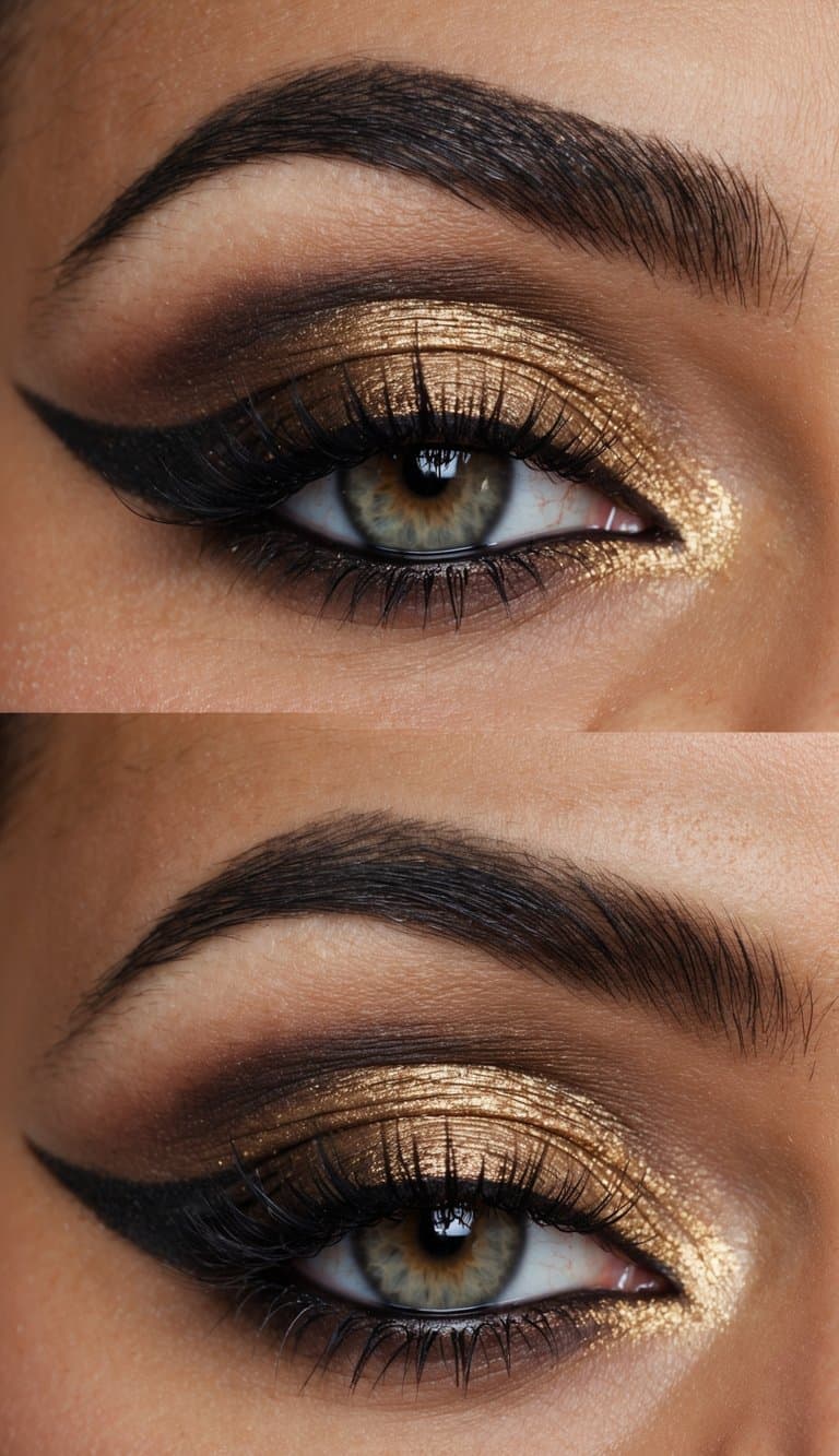 A close-up of a sultry and sophisticated smokey eye makeup look in soft gold tones, with a focus on the intricate blending and shimmering finish