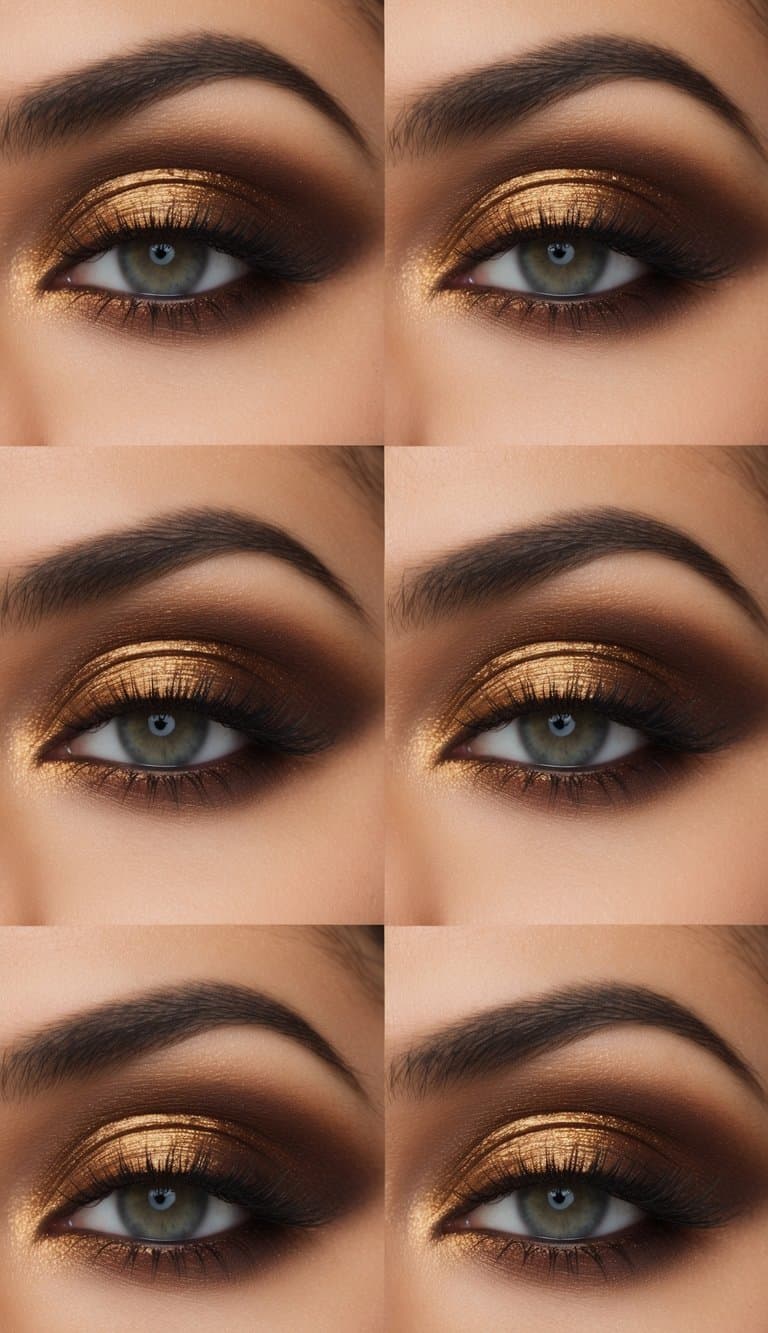 A close-up of a rich, gold-hued smokey eye makeup look, with a sultry and sophisticated feel