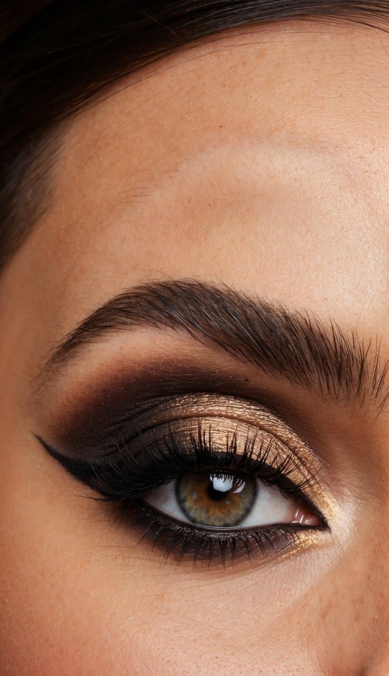 A close-up of a golden hour setting with a sultry and sophisticated smokey eye makeup look as the focal point