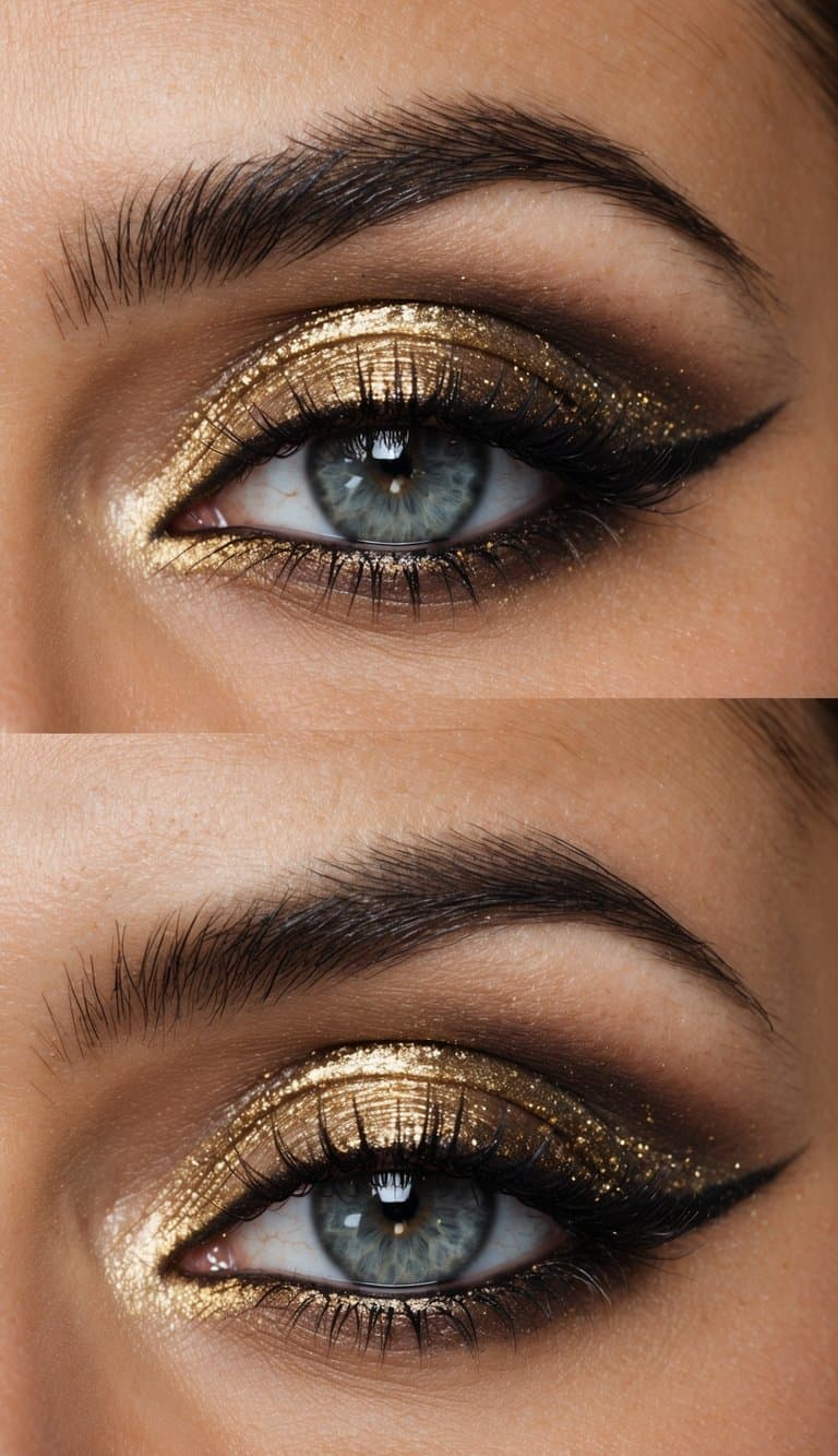 A close-up of a sultry and sophisticated gold smokey eye makeup look, with celestial gold dust shimmering on the eyelids