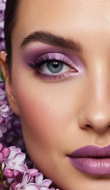 Soft lilac eye makeup palette surrounded by delicate lilac flowers and a moonlit sky