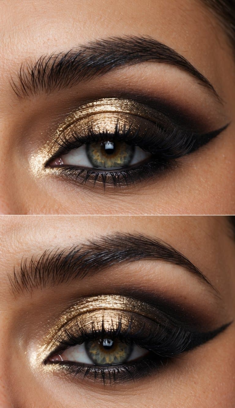 A dramatic and sultry smokey eye makeup look, with a luminous gold shimmer and a sophisticated finish