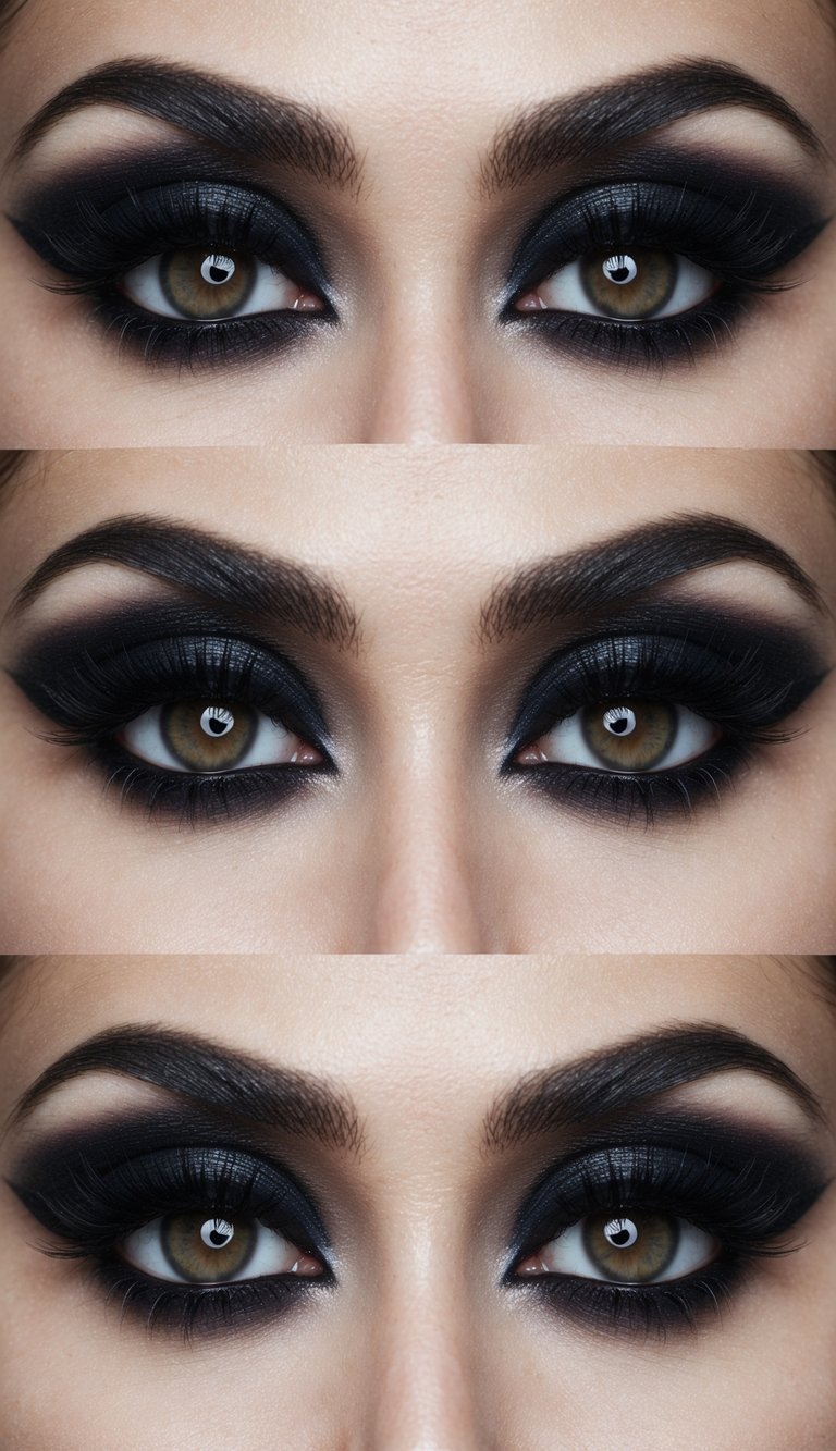 A pair of intense, dark eyes with dramatic gothic-inspired makeup, featuring bold eyeliner, deep eyeshadow, and intricate details