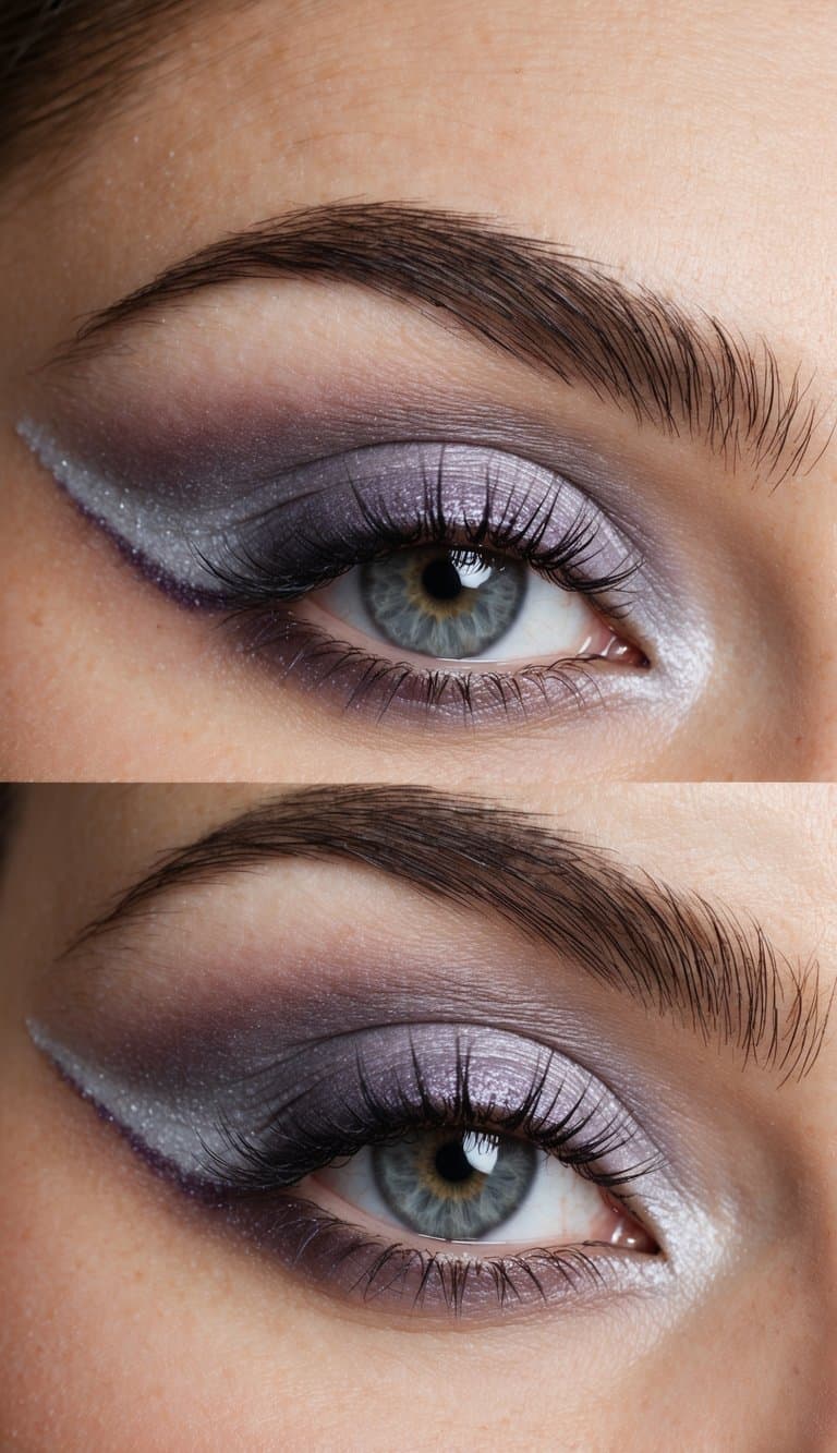 Soft lilac and grey smoke swirl together in a dreamy eye makeup design