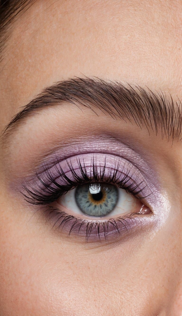 Soft lilac eye makeup swirling in prismatic light