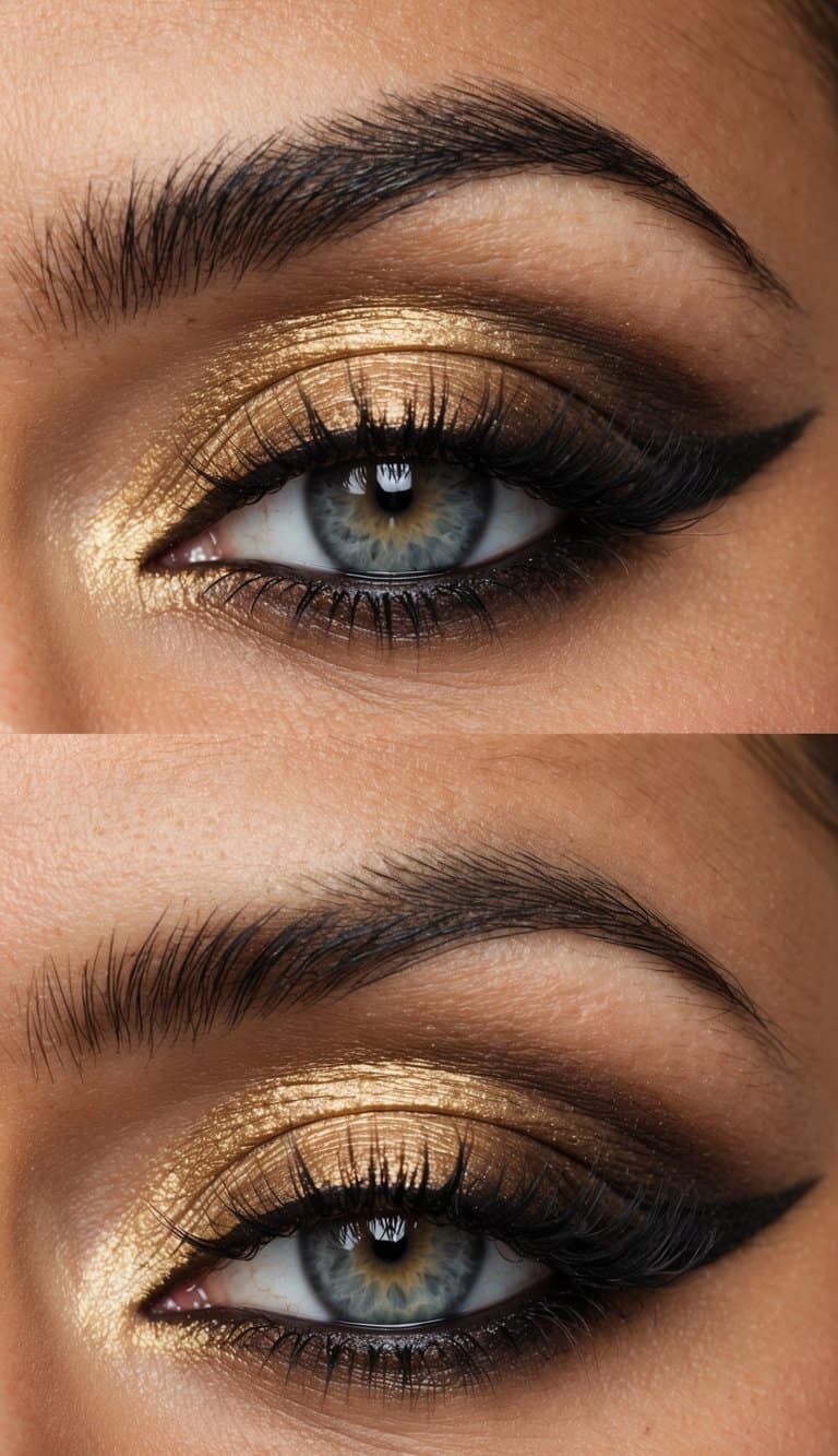 A close-up of a sultry and sophisticated gold smokey eye makeup look with soft focus lighting