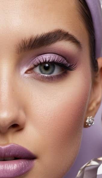 Soft lilac eye makeup palette surrounded by delicate crystals and a dreamy, ethereal atmosphere