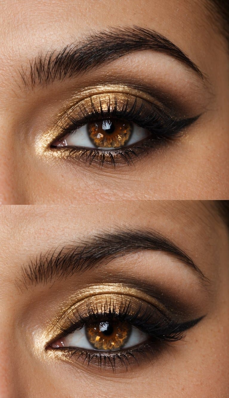 A close-up of a sultry and sophisticated gold smokey eye makeup look with a hint of amber dust