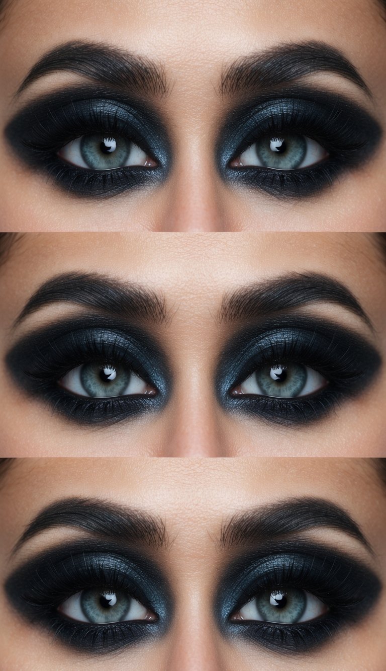 A close-up of a dramatic gothic eye makeup look with intense kohl depth and dark, smoky colors