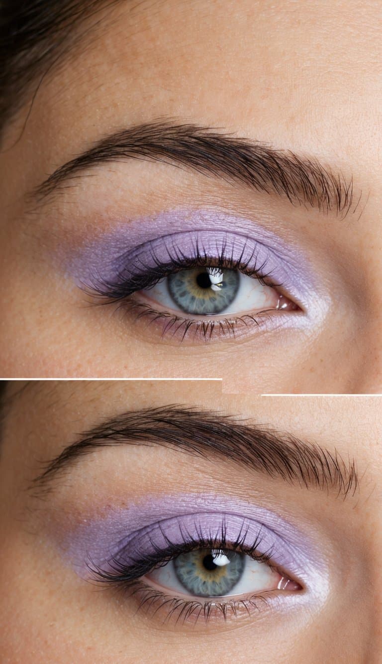 Soft lilac eyeshadow blending into a faded gradient, with a dreamy and pastel aesthetic