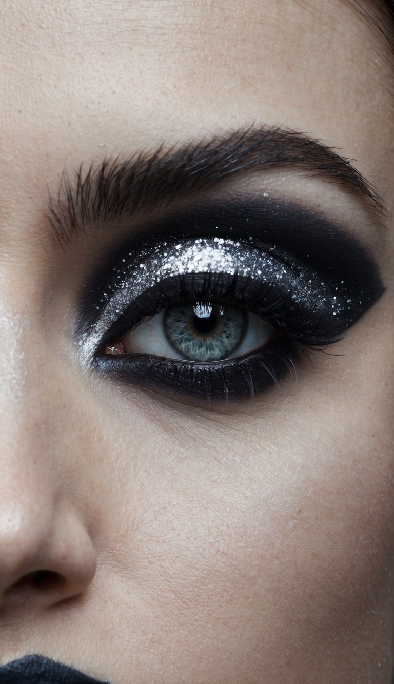 A close-up of a dark and dramatic gothic-inspired eye makeup look, featuring silver glitter dust and bold, intense colors
