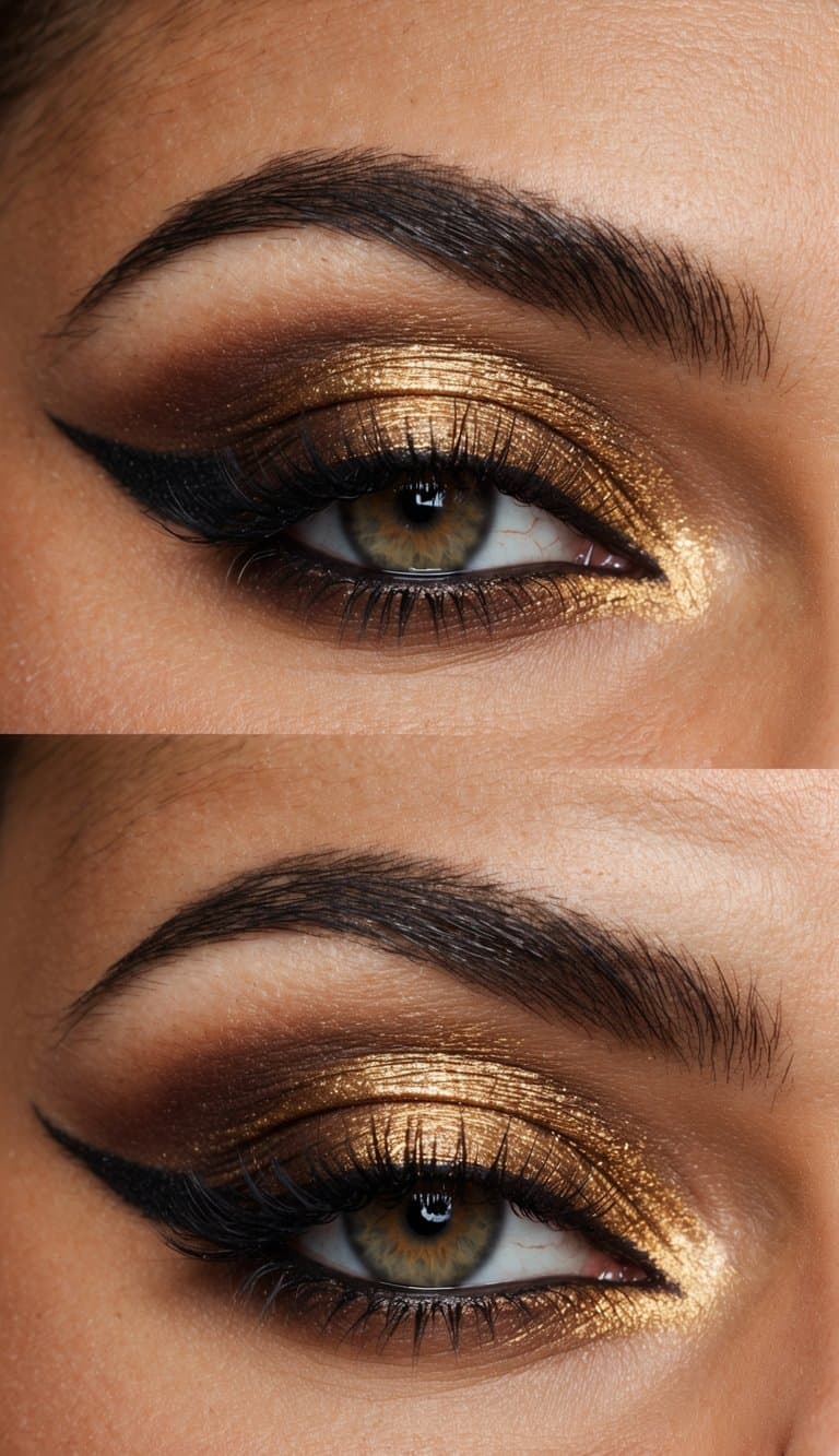 A close-up of a burnished gold smokey eye makeup look, with rich, sultry tones and a sophisticated, glamorous vibe