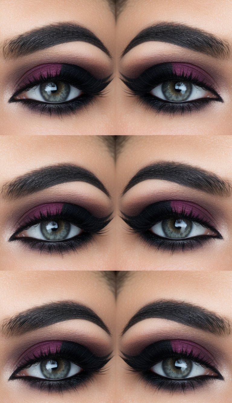 A swirling maroon and black eye makeup design with a gothic-inspired, dramatic and dark aesthetic