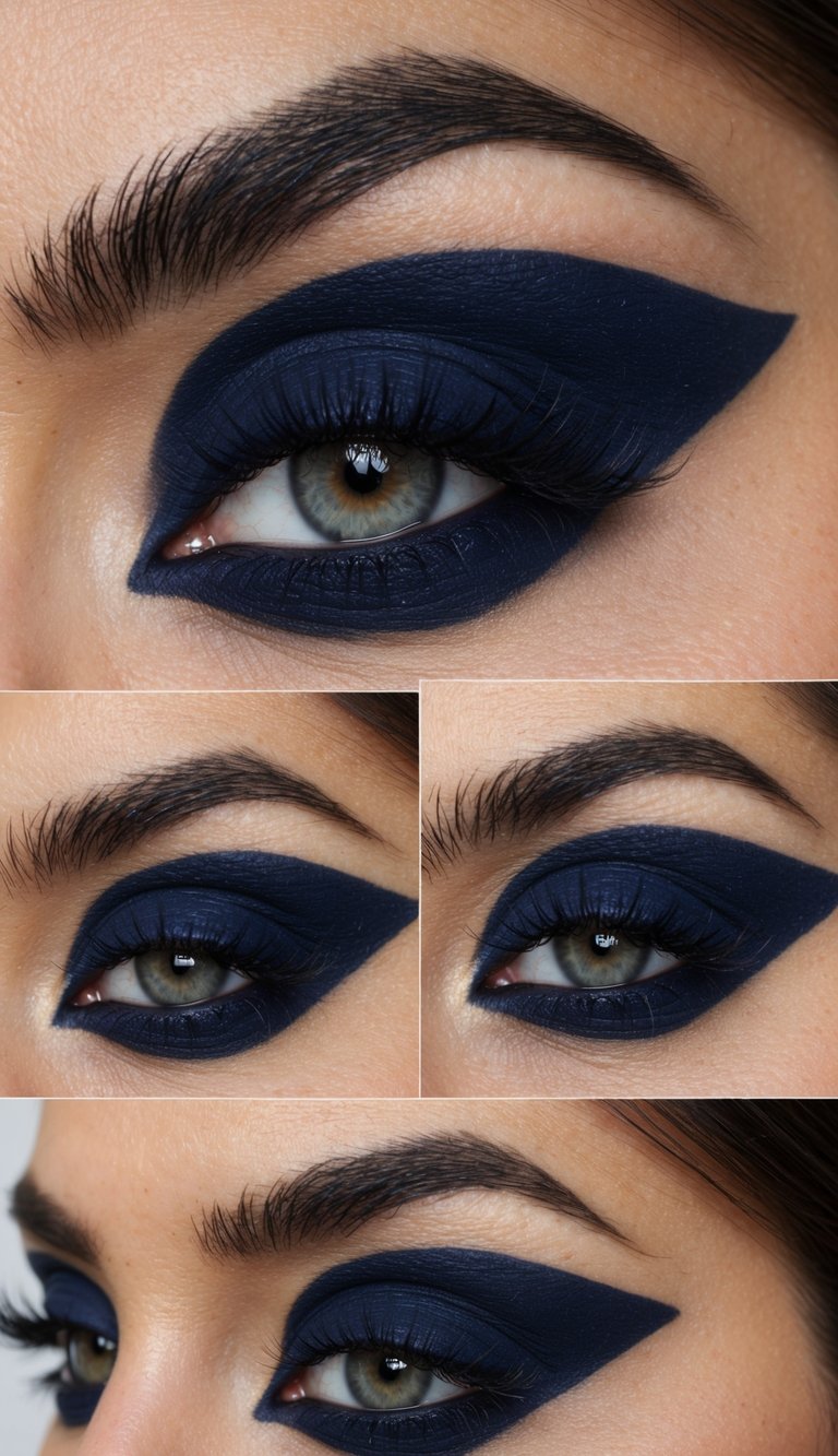 A close-up of a navy velvet eye makeup look with dramatic and gothic-inspired elements, featuring bold and dark colors with a matte finish