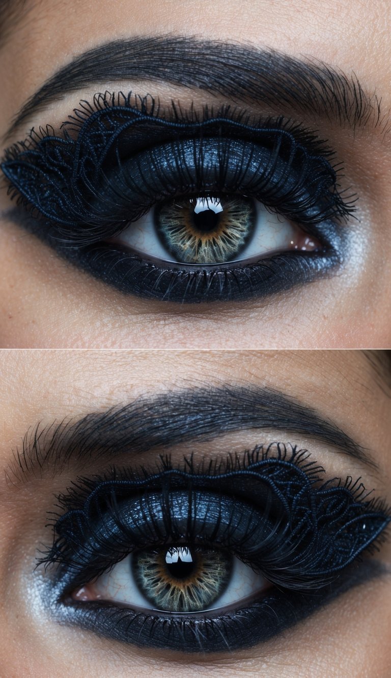 A close-up of a dark and dramatic gothic-inspired eye makeup design, featuring intricate embroidered veil patterns
