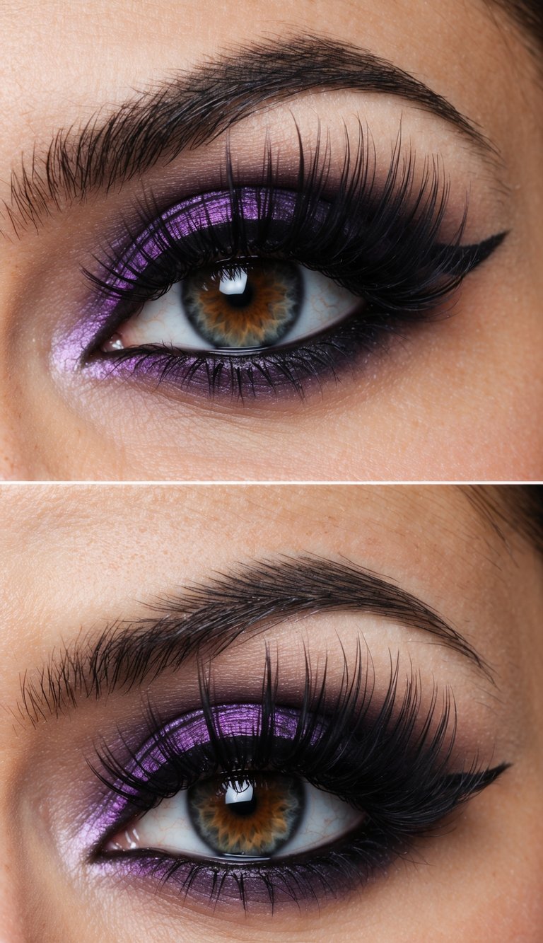 A close-up of a striking eye with deep purple and black eyeshadow, accented with dramatic winged eyeliner and long, voluminous lashes