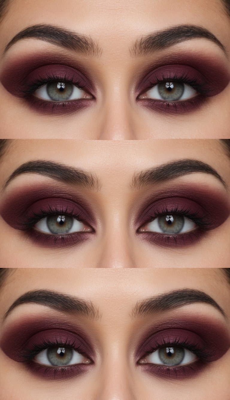 A close-up of a matte maroon cut crease eye makeup look with bold and sophisticated details