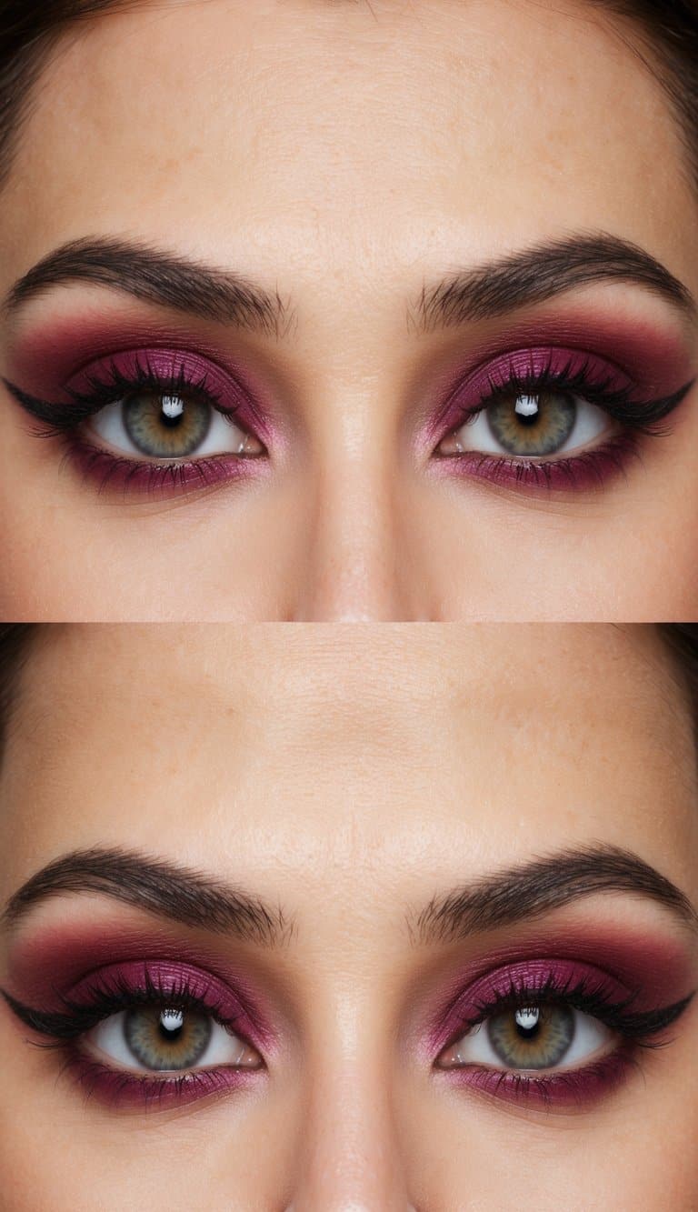 A close-up of a pair of eyes with bold and sophisticated maroon eye makeup, framed by subtle berry-colored wings