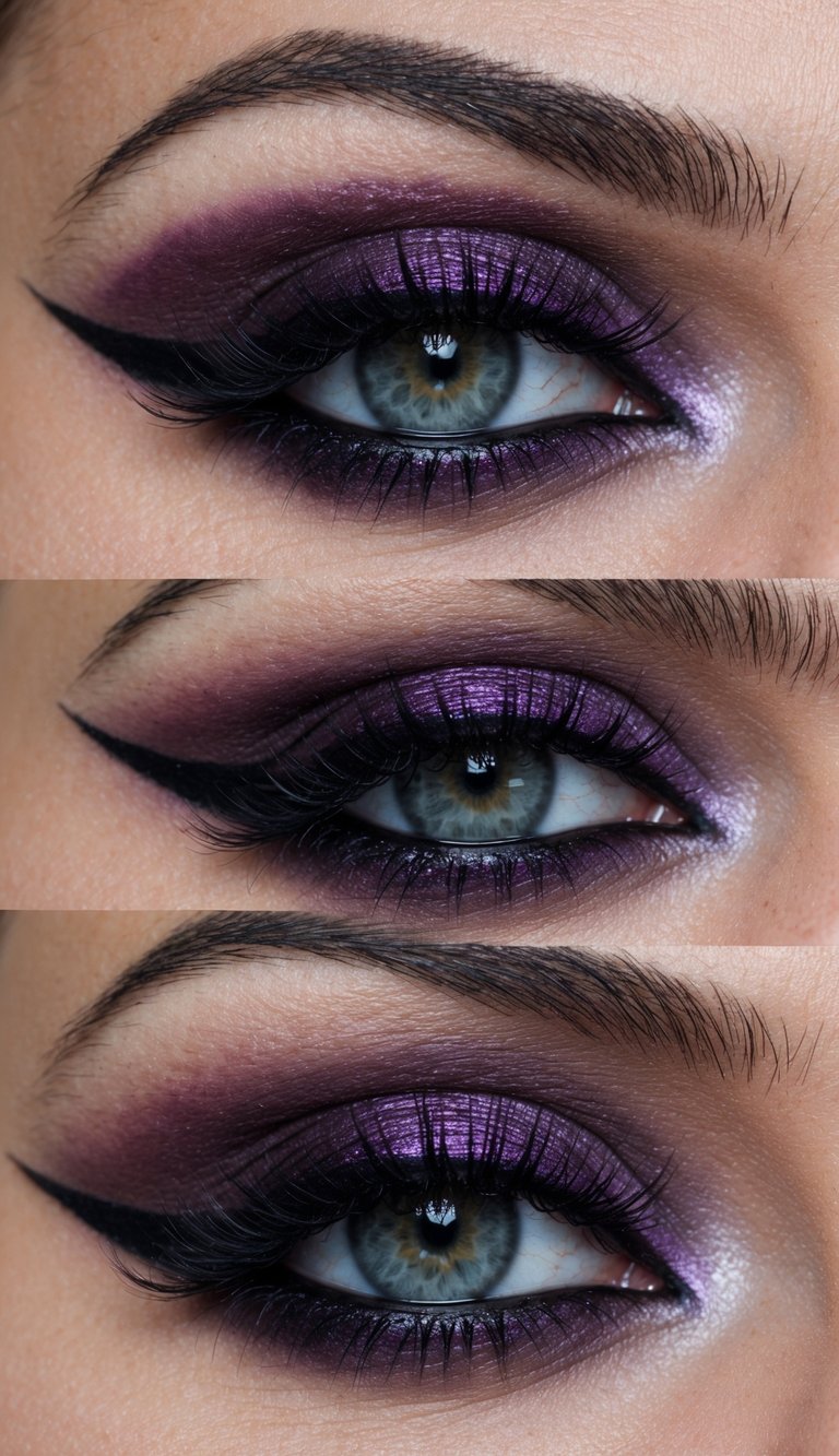 A close-up of a dramatic, gothic-inspired eye makeup look featuring deep plum and midnight shades with flicked eyeliner