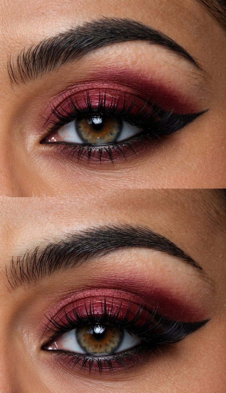 A close-up of a bold and sophisticated maroon eye makeup look, incorporating a brick red gradient