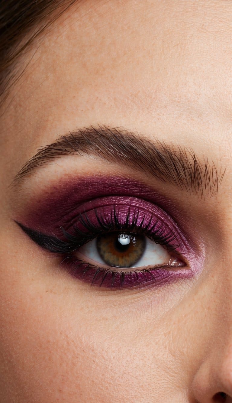 A close-up of an eye with bold and sophisticated maroon eye makeup, incorporating plum tones for a fusion of rich colors