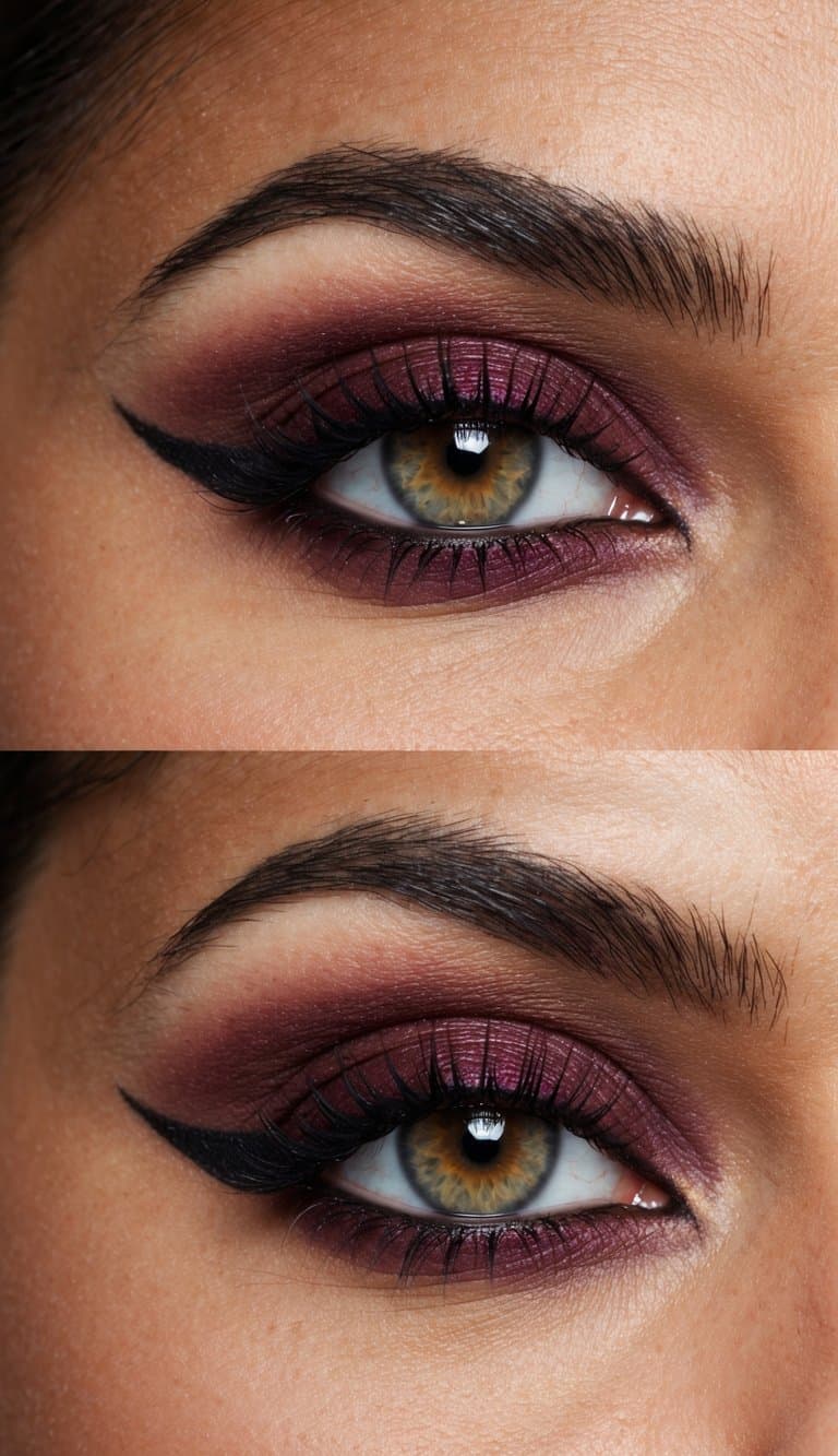 A close-up of a maroon eye makeup look with bold and sophisticated details