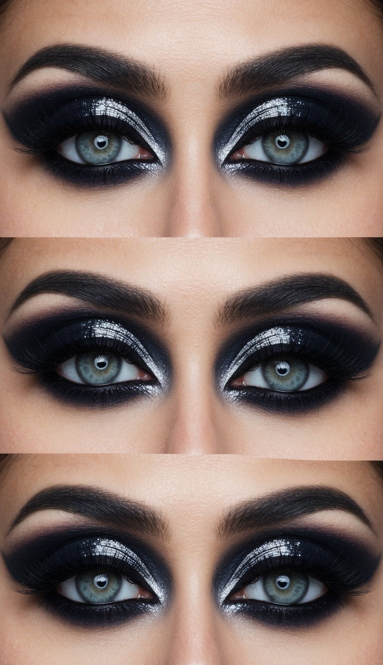 A dark and dramatic gothic eye makeup look with moonshine glimmer glow, featuring bold and intricate designs