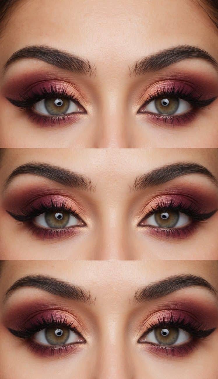 A close-up of a pair of eyes with bold and sophisticated maroon eye makeup, incorporating peach tones for a striking and elegant look
