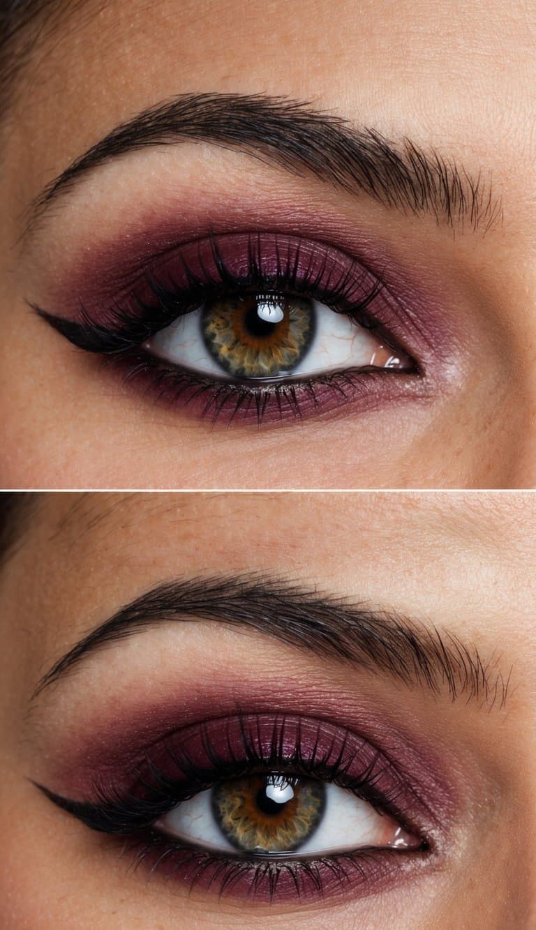 A close-up of an eye with bold and sophisticated maroon eye makeup, soft mulberry touch