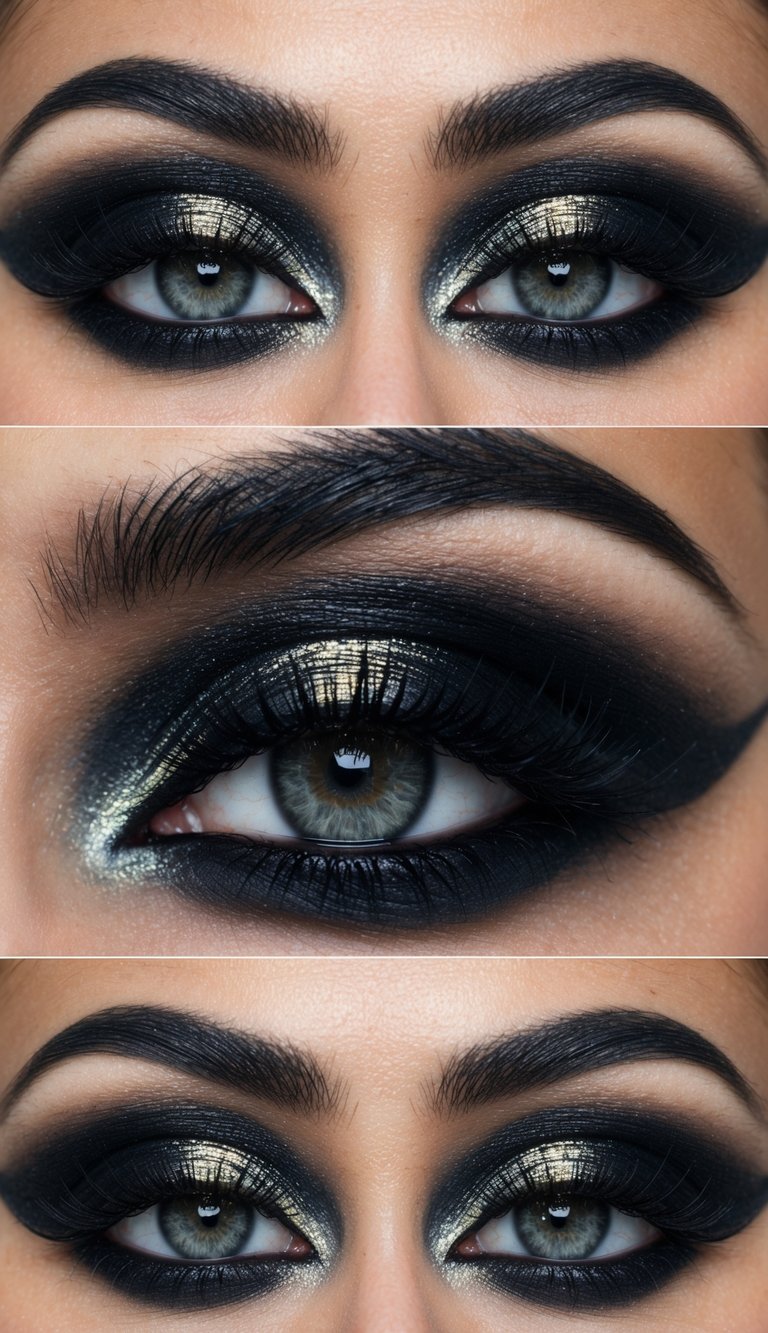 A close-up of a metallic venom shine gothic eye makeup design, featuring dark and dramatic colors with a bold and edgy aesthetic